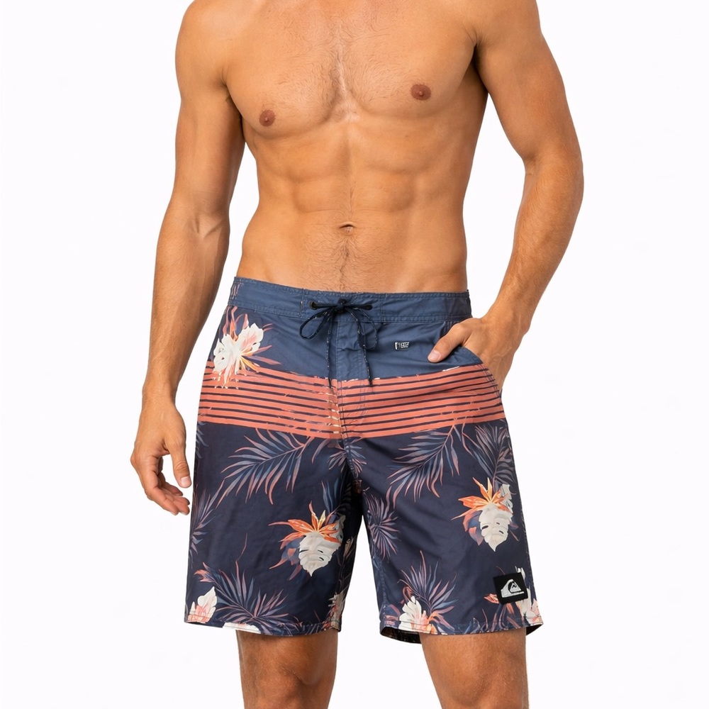 Quiksilver Navy and Coral Floral Stripe Board Shorts